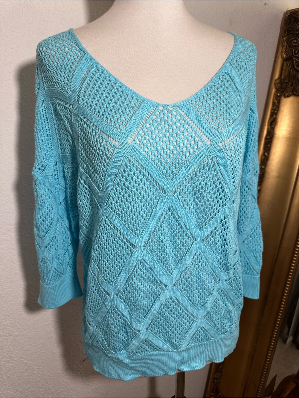 Amazon Huskary Teal Light Blue Crochet Geometric Print 3/4 Sleeve Blouse Size M